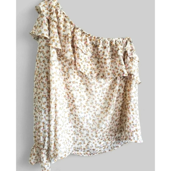 TORRID Chiffon Ruffle Blouse Womens 1X Tan Floral Print One Shoulder NWT - Picture 1 of 11